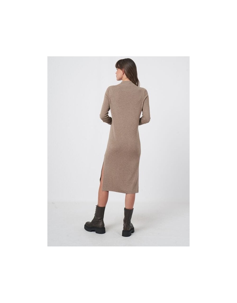 Young Ideas/Henmores - Ribbed Funnel Neck Long Sleeve Midi Dress - 1657 Taupe - 10