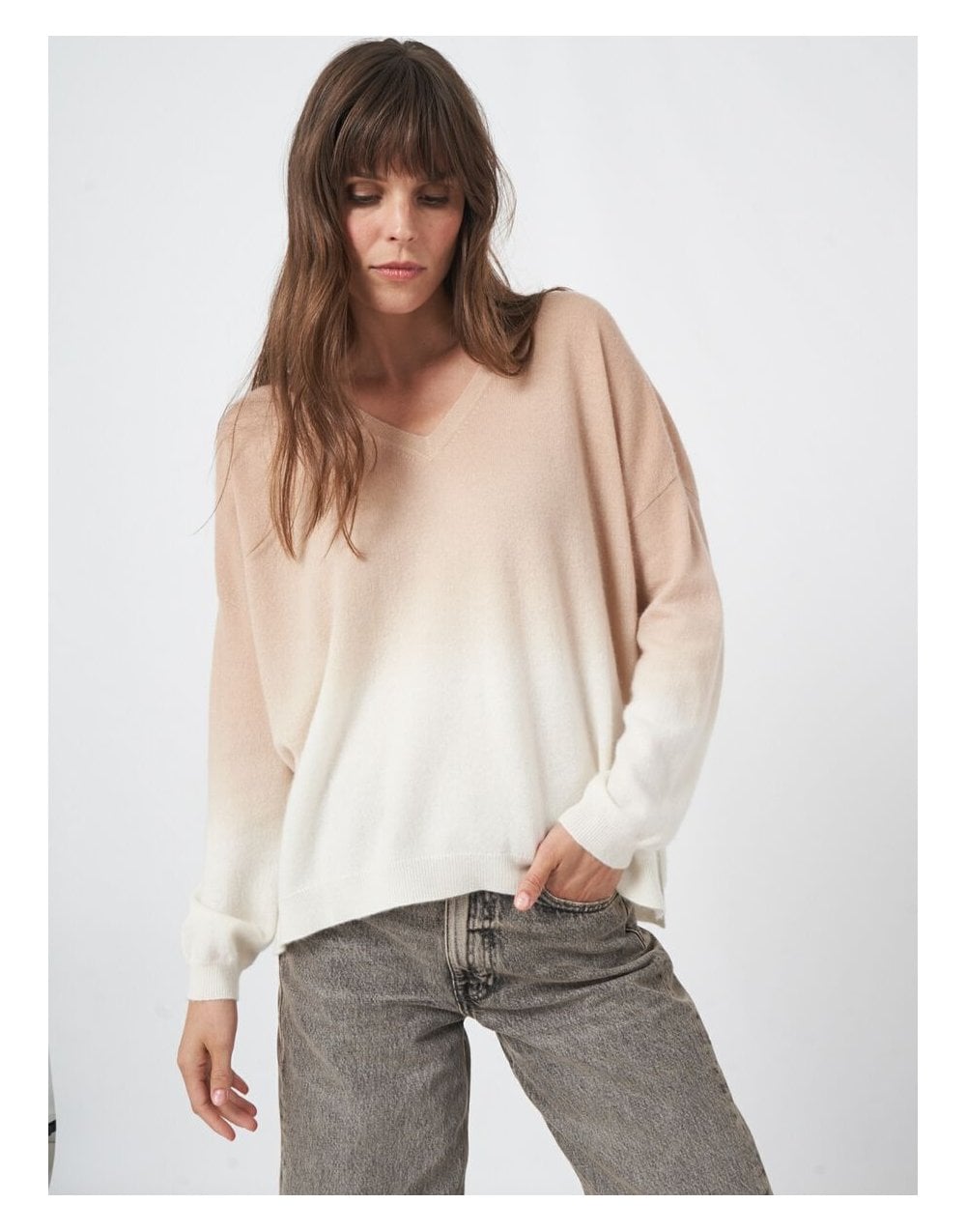 Young Ideas/Henmores - V Neck Gradient Effect Cashmere Jumper - 8407 Cream/Clay - 8