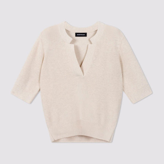 Young Ideas & Henmores - V Neck Short Sleeve Cotton Cashmere Jumper - 1386 Ivory - 8