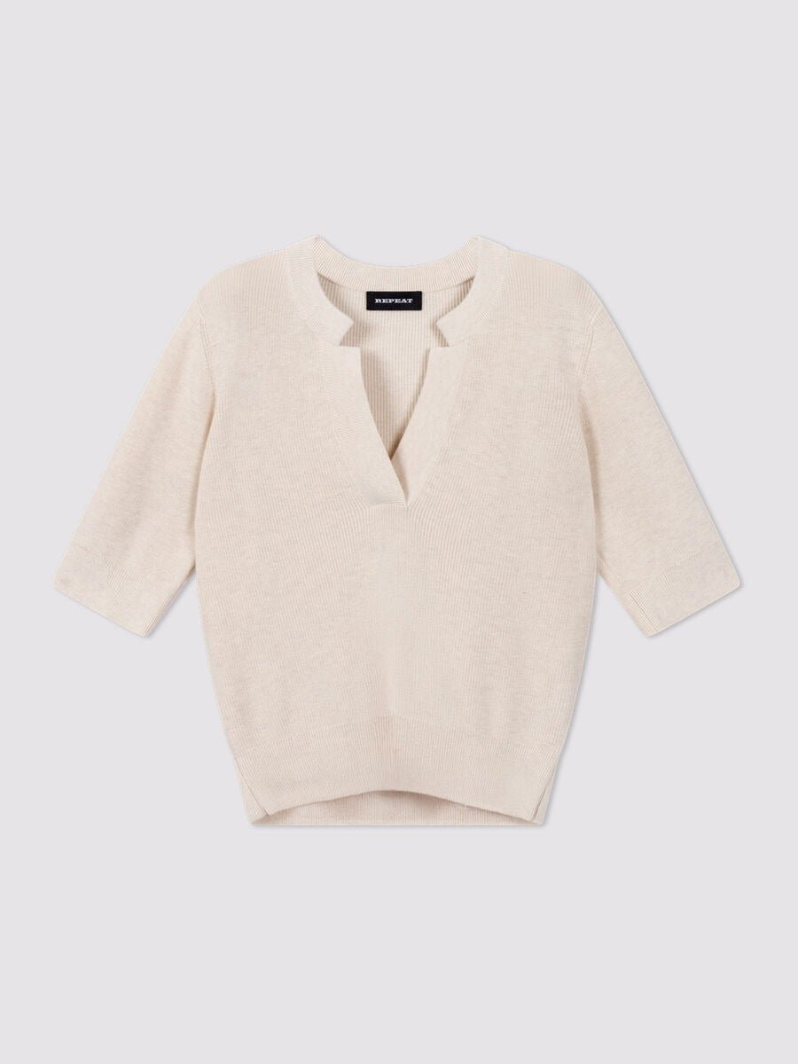 Young Ideas & Henmores - V Neck Short Sleeve Cotton Cashmere Jumper - 1386 Ivory - 8