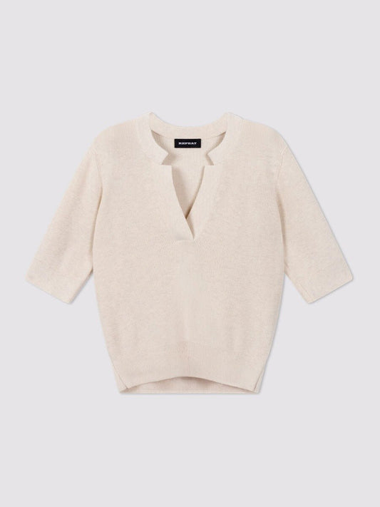 Young Ideas & Henmores - V Neck Short Sleeve Cotton Cashmere Jumper - 1386 Ivory - 8