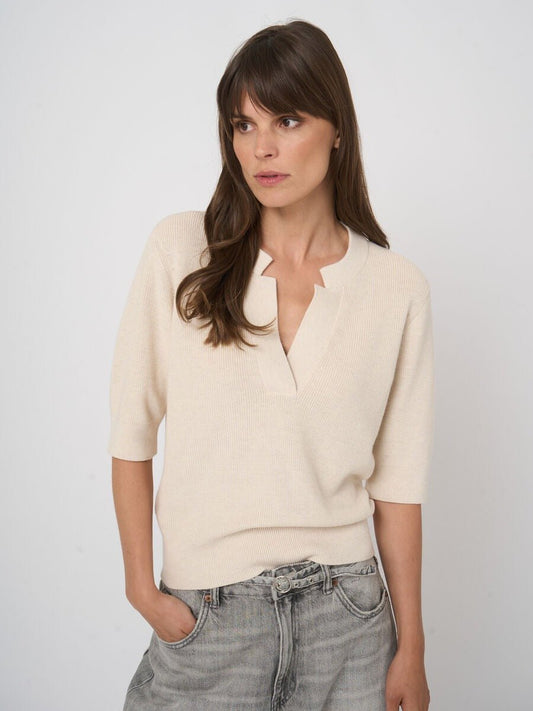 Young Ideas & Henmores - V Neck Short Sleeve Cotton Cashmere Jumper - 1386 Ivory - 8