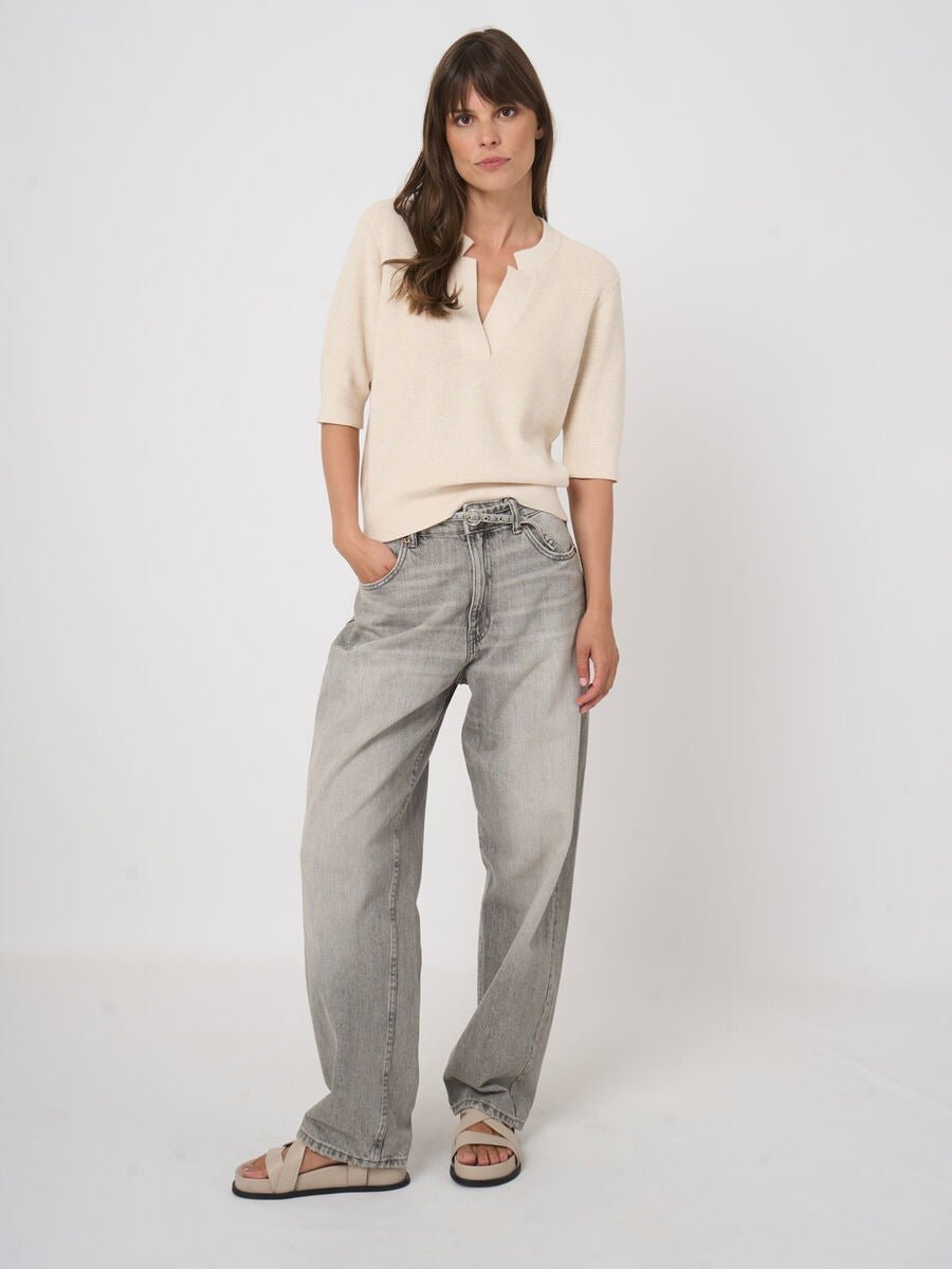 Young Ideas & Henmores - V Neck Short Sleeve Cotton Cashmere Jumper - 1386 Ivory - 8