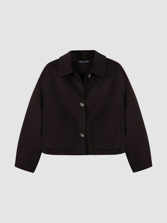 Young Ideas & Henmores -Wool Blend Boxy Jacket with Shirt Collar -1792 Dark Brown -8