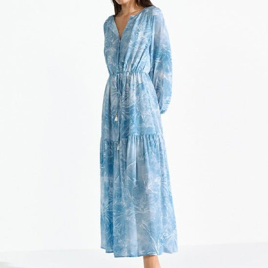 Young Ideas & Henmores - Abstract Palm Pull Tie Midi Dress - 452 Wave Blue - 8