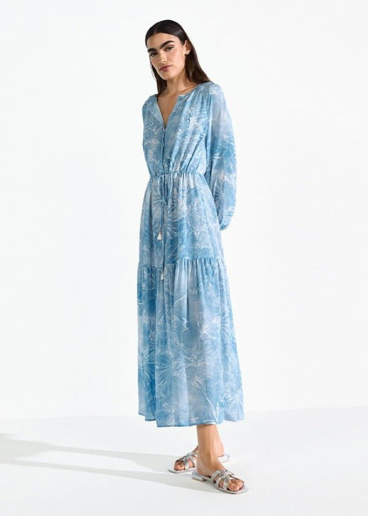 Young Ideas & Henmores - Abstract Palm Pull Tie Midi Dress - 452 Wave Blue - 8