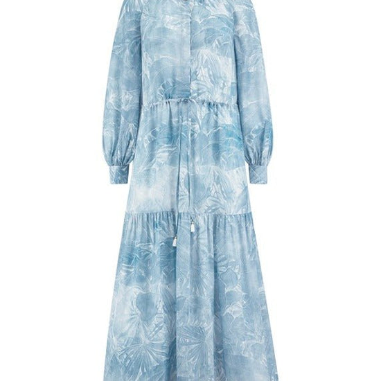 Young Ideas & Henmores - Abstract Palm Pull Tie Midi Dress - 452 Wave Blue - 8