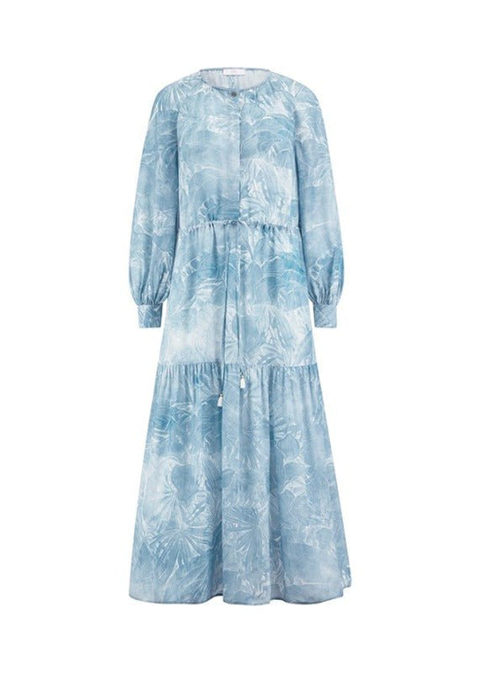 Young Ideas & Henmores - Abstract Palm Pull Tie Midi Dress - 452 Wave Blue - 8