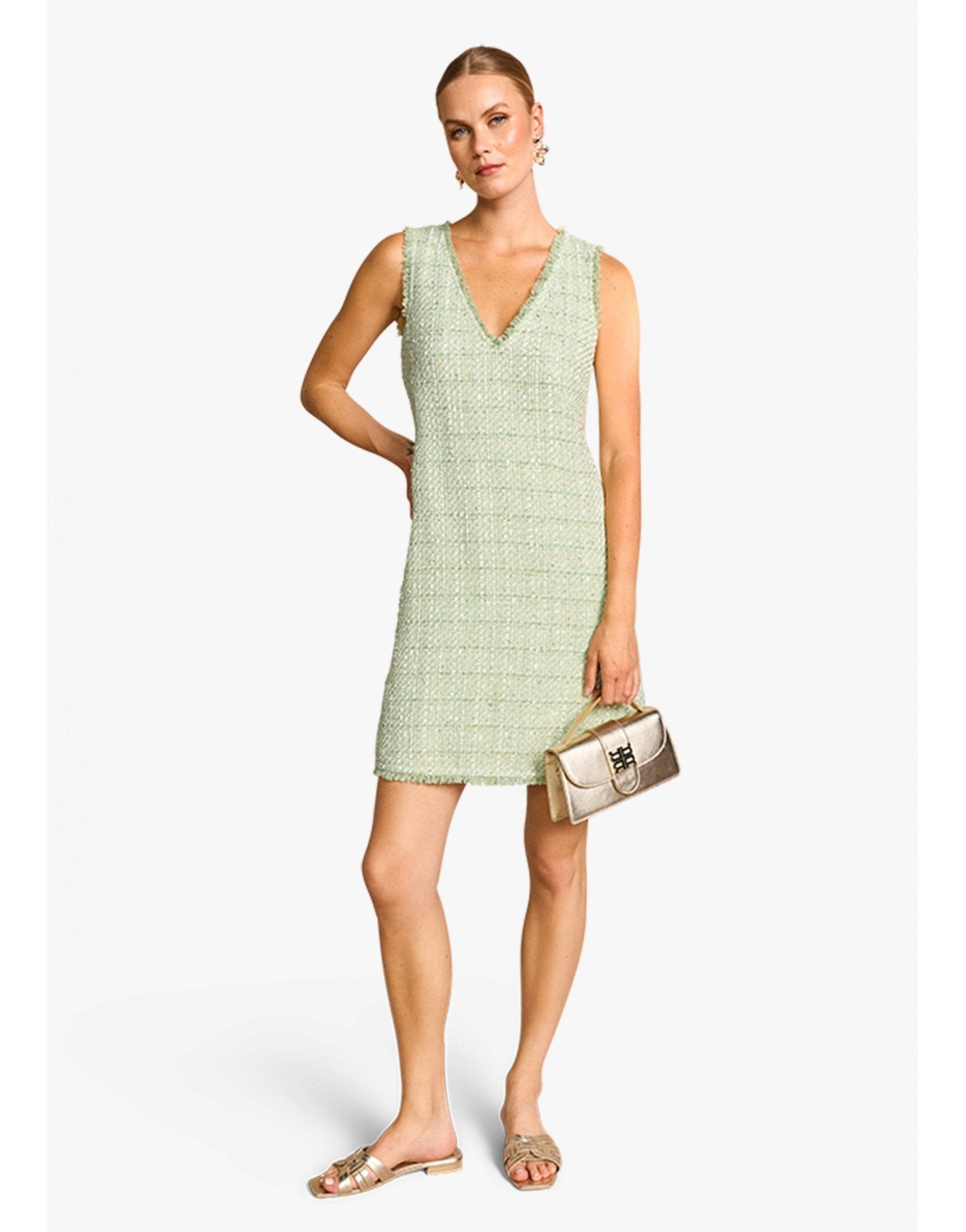 Young Ideas/Henmores - Boucle Raw Hem V Neck Short Dress - 554 Menta Green - 8