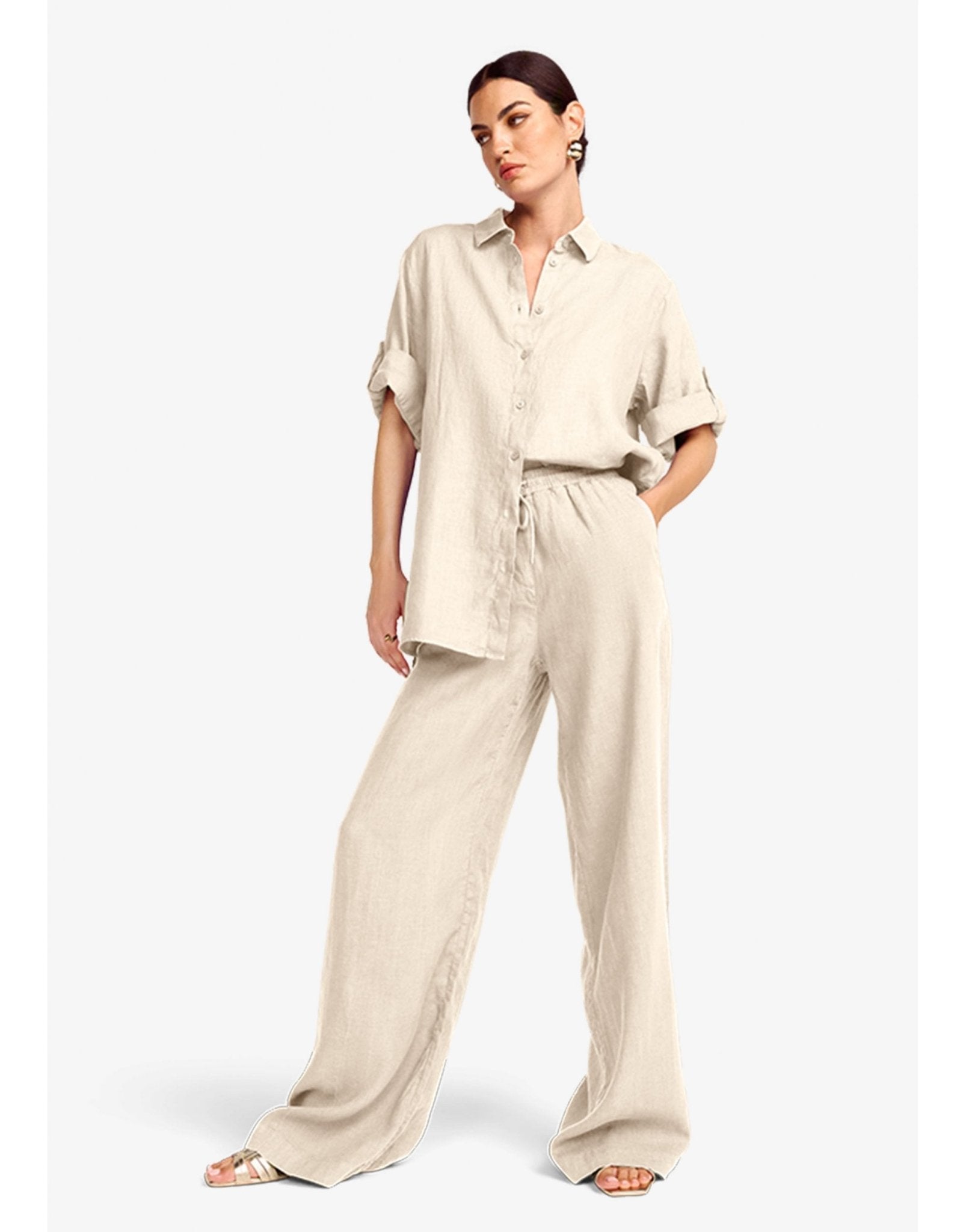 Young Ideas/Henmores - Elasticated Waist Wide Leg Trousers - 524 Khaki - 8