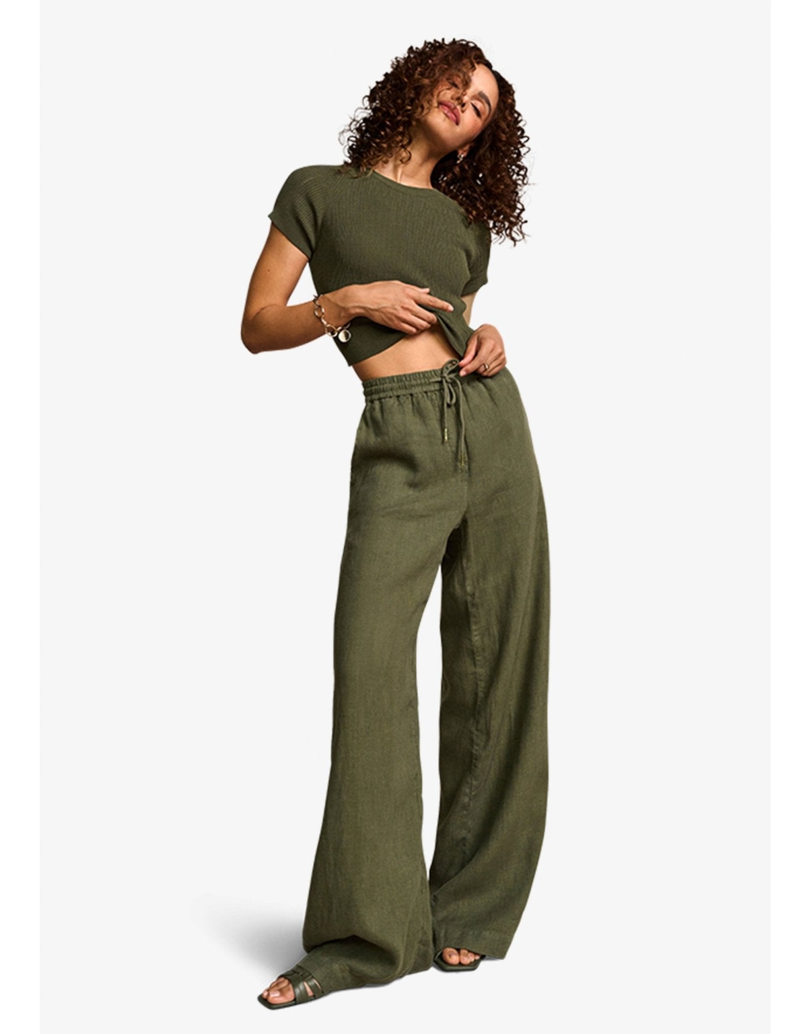 Young Ideas/Henmores - Elasticated Waist Wide Leg Trousers - 524 Khaki - 8