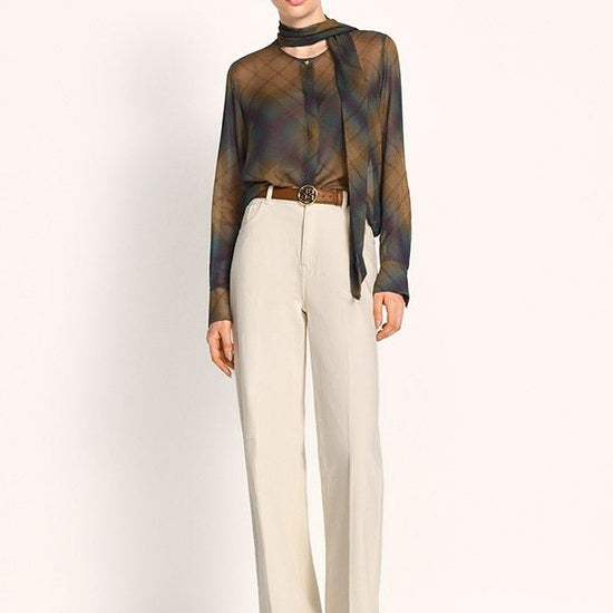 Young Ideas & Henmores -Faint Check Tie Neck Blouse -653 Pecan Multi -8