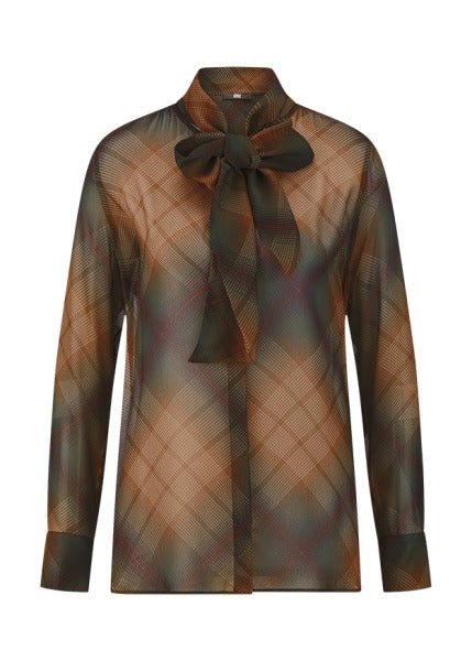 Young Ideas & Henmores -Faint Check Tie Neck Blouse -653 Pecan Multi -8