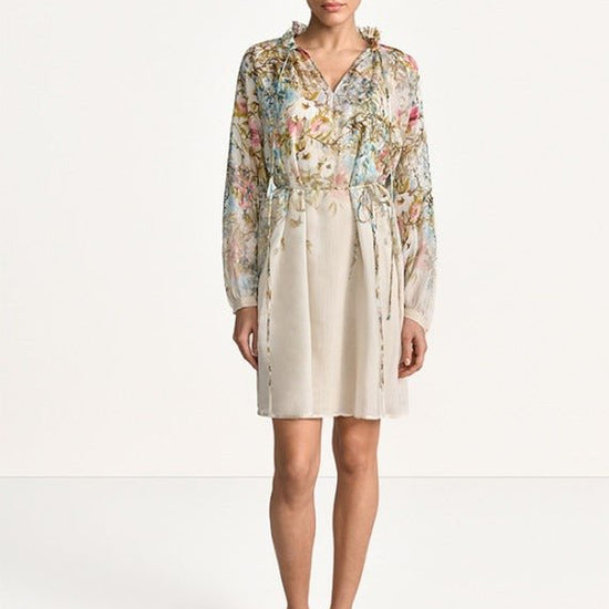 Young Ideas & Henmores - Floral Ruffle Collar Tie Waist Dress - 184 Cream Multi - 8