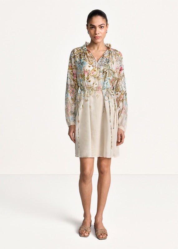 Young Ideas & Henmores - Floral Ruffle Collar Tie Waist Dress - 184 Cream Multi - 8