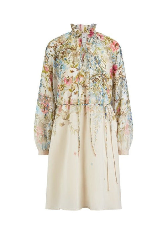 Young Ideas & Henmores - Floral Ruffle Collar Tie Waist Dress - 184 Cream Multi - 8
