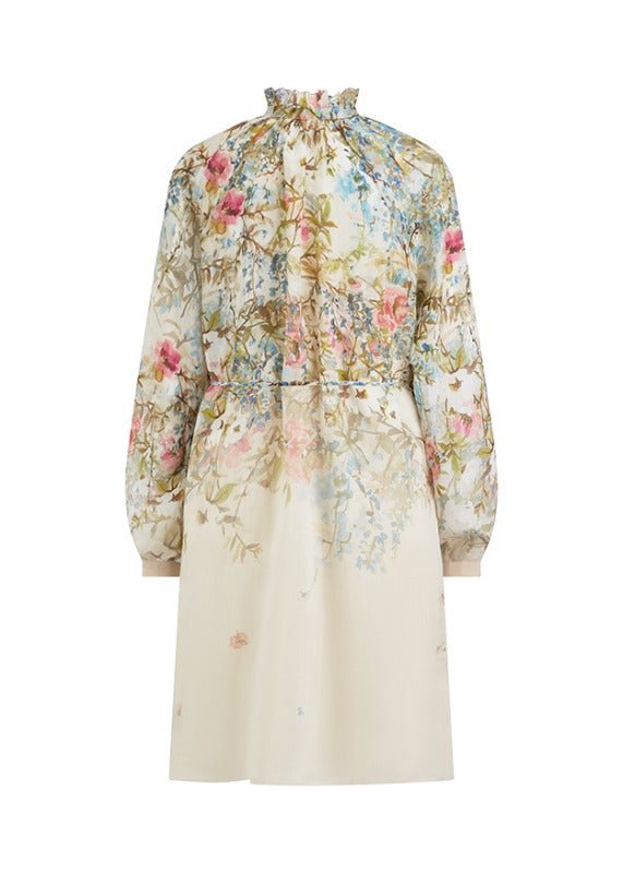 Young Ideas & Henmores - Floral Ruffle Collar Tie Waist Dress - 184 Cream Multi - 8