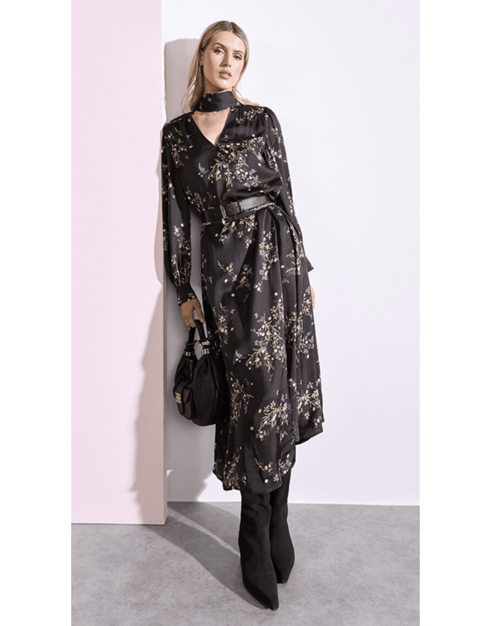 Young Ideas/Henmores - Floral Scatter V Neck Midi Dress - 692 Cacao Patterned - 8