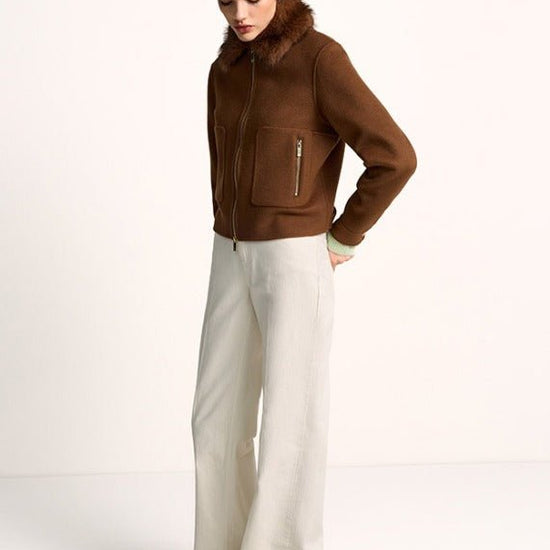 Young Ideas & Henmores -Fur Collar Short Bomber Jacket -613 Pecan -8