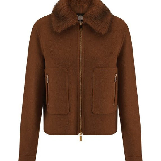 Young Ideas & Henmores -Fur Collar Short Bomber Jacket -613 Pecan -8