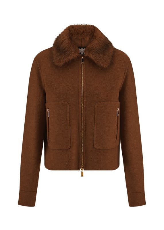 Young Ideas & Henmores -Fur Collar Short Bomber Jacket -613 Pecan -8