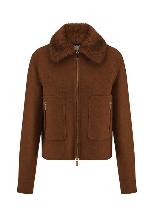 Young Ideas & Henmores -Fur Collar Short Bomber Jacket -613 Pecan -8