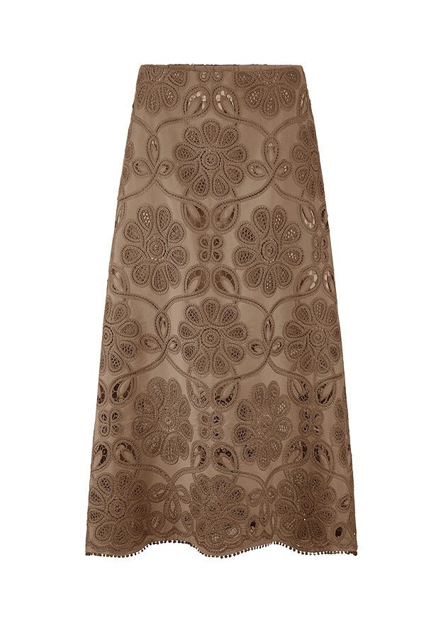 Young Ideas & Henmores - Laser Embroidered Midi Skirt - 606 Coconut Brown - 10