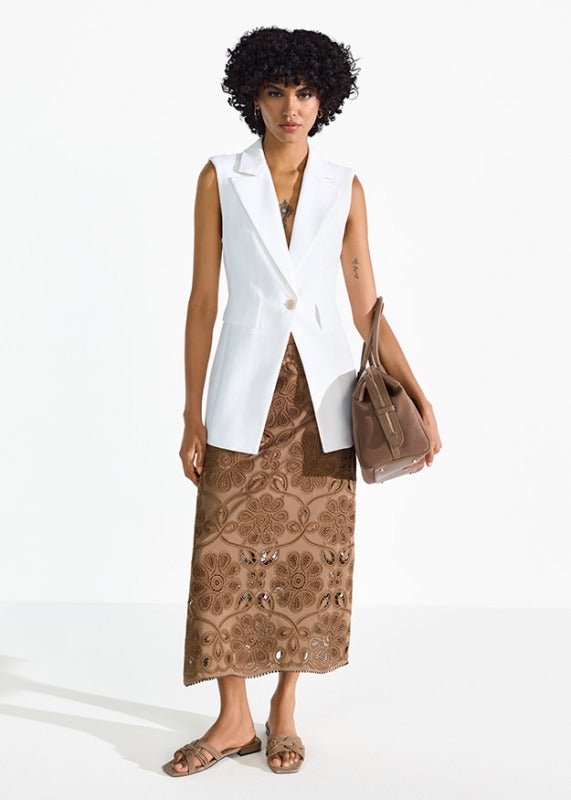 Young Ideas & Henmores - Laser Embroidered Midi Skirt - 606 Coconut Brown - 10