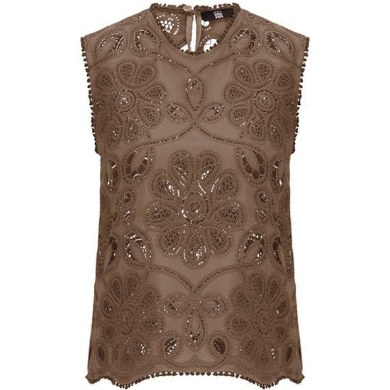 Young Ideas & Henmores - Laser Embroidered Sleeveless Top - 606 Coconut Brown - 10