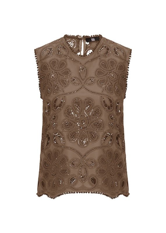 Young Ideas & Henmores - Laser Embroidered Sleeveless Top - 606 Coconut Brown - 10