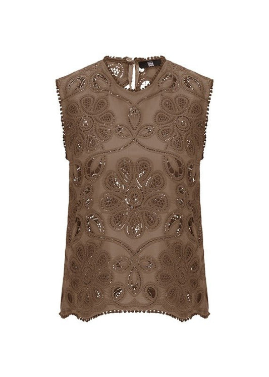 Young Ideas & Henmores - Laser Embroidered Sleeveless Top - 606 Coconut Brown - 10