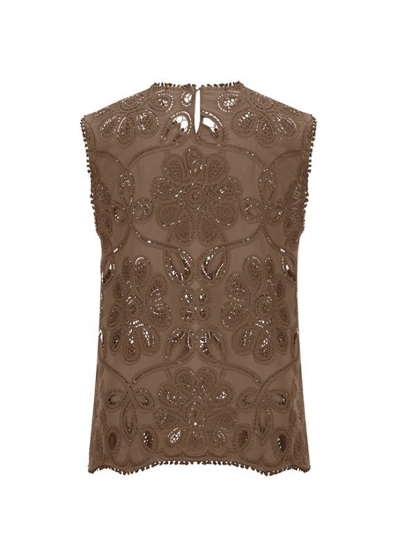 Young Ideas & Henmores - Laser Embroidered Sleeveless Top - 606 Coconut Brown - 10