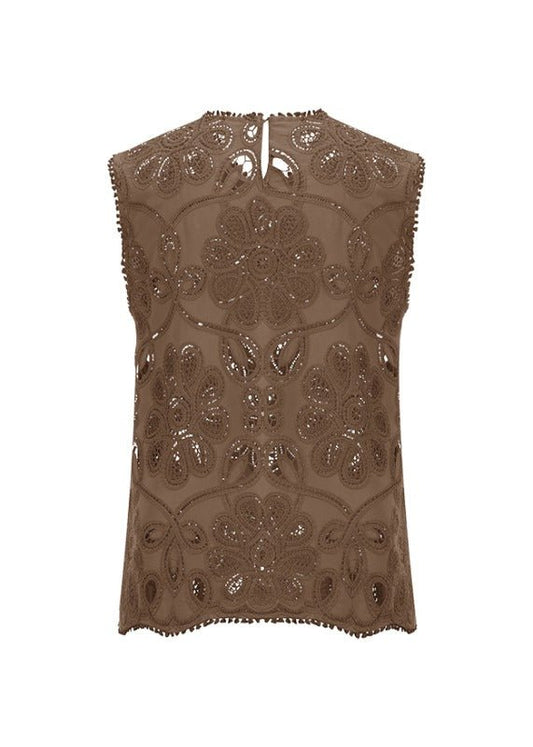 Young Ideas & Henmores - Laser Embroidered Sleeveless Top - 606 Coconut Brown - 10