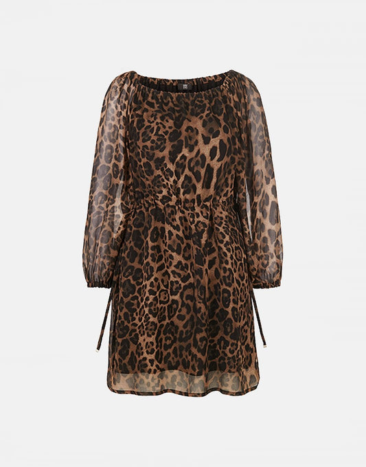 Young Ideas/Henmores - Leopard Sheer Sleeve Belted Dress - 884 Brown Multi - 10