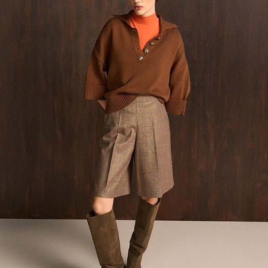 Young Ideas & Henmores -Open Collar Buttoned Knit -613 Pecan -8