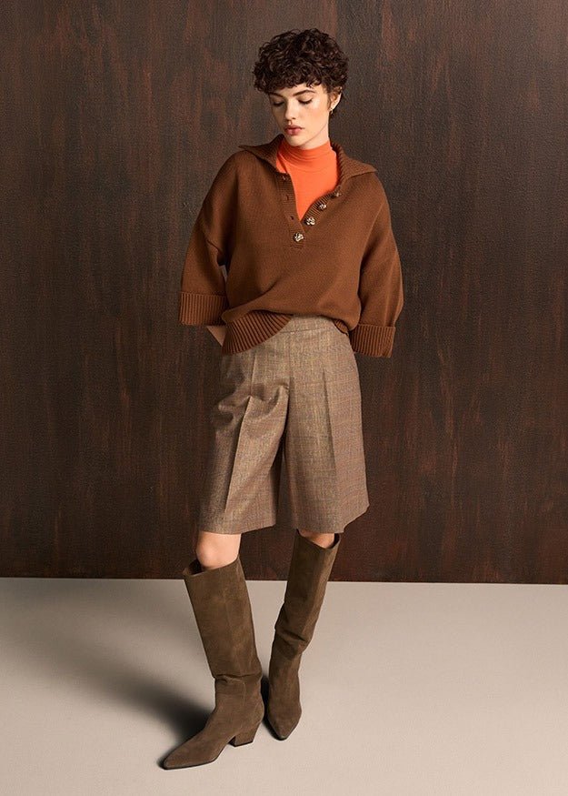 Young Ideas & Henmores -Open Collar Buttoned Knit -613 Pecan -8