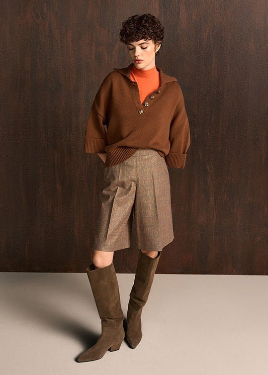 Young Ideas & Henmores -Open Collar Buttoned Knit -613 Pecan -8