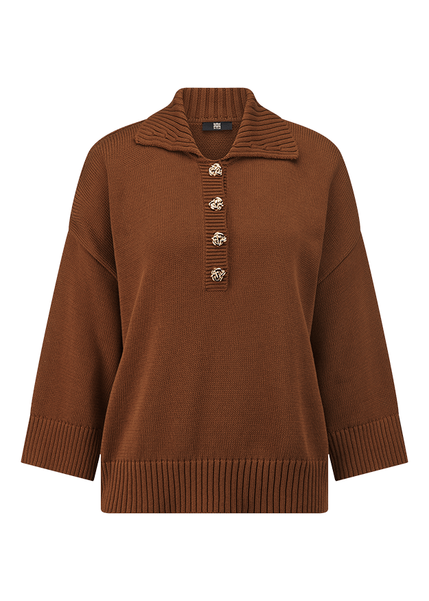Young Ideas & Henmores -Open Collar Buttoned Knit -613 Pecan -8
