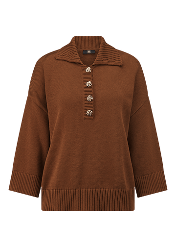 Young Ideas & Henmores -Open Collar Buttoned Knit -613 Pecan -8