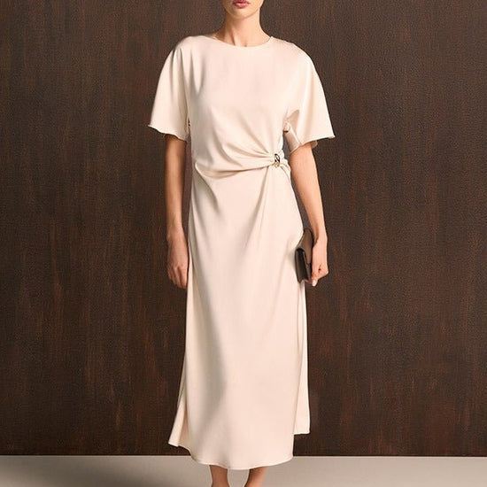 Young Ideas & Henmores -Ruched Waist Open Short Sleeve Dress -818 Oat -8