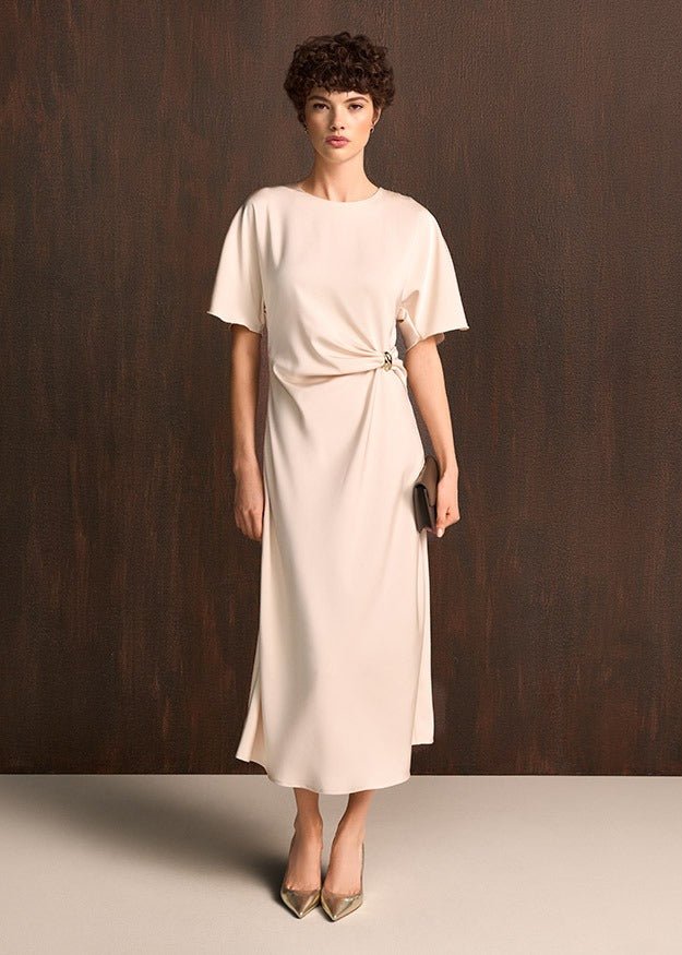 Young Ideas & Henmores -Ruched Waist Open Short Sleeve Dress -818 Oat -8