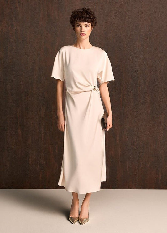 Young Ideas & Henmores -Ruched Waist Open Short Sleeve Dress -818 Oat -8