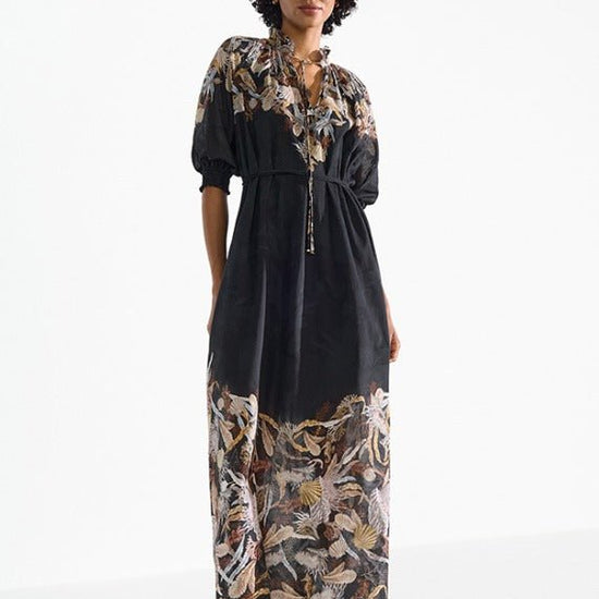 Young Ideas & Henmores - Sea Nature Ruffle Collar Midi Dress - 987 Black Multi - 8