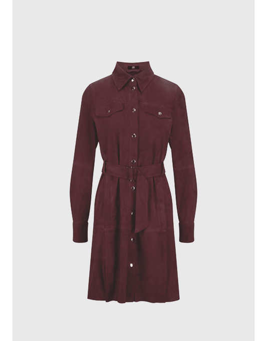 Young Ideas/Henmores - Suede Button Up Belted Mini Dress - 346 Burgundy - 10