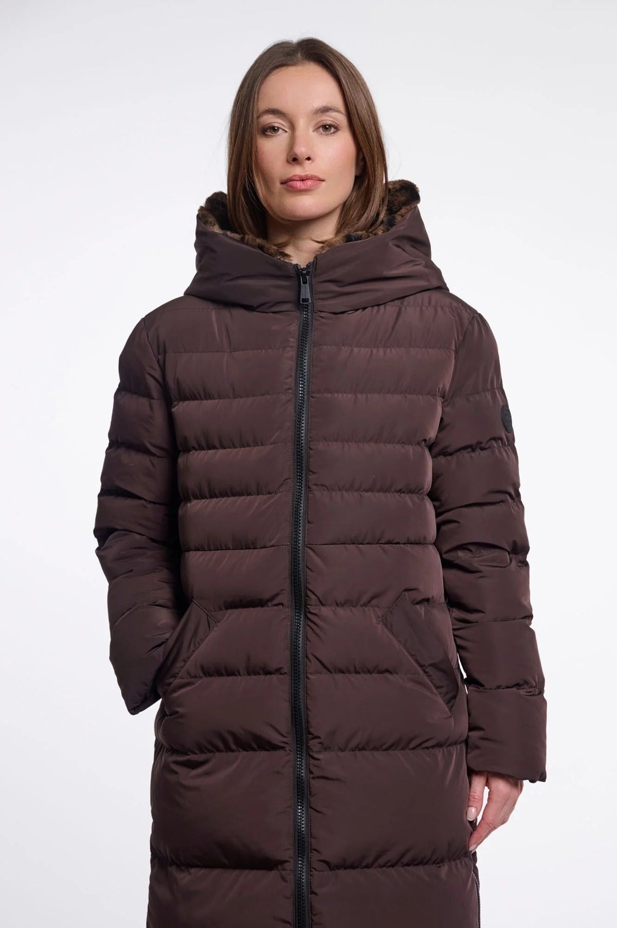 Young Ideas & Henmores -Keilafur Long Padded Hooded Coat -Peated Brown Leopard -8