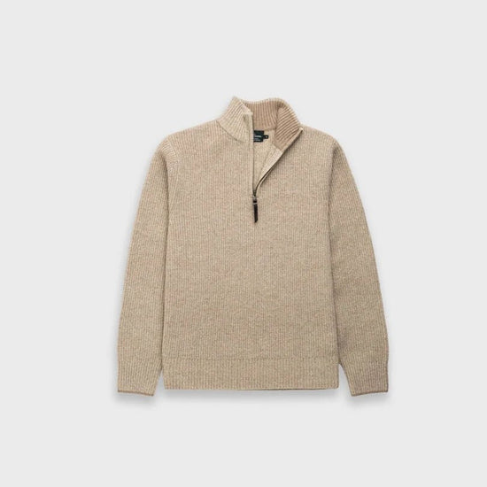 Young Ideas & Henmores -Robbies Road Wool 1/4 Zip Jumper -Flax Beige -M