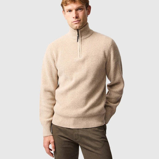 Young Ideas & Henmores -Robbies Road Wool 1/4 Zip Jumper -Flax Beige -M