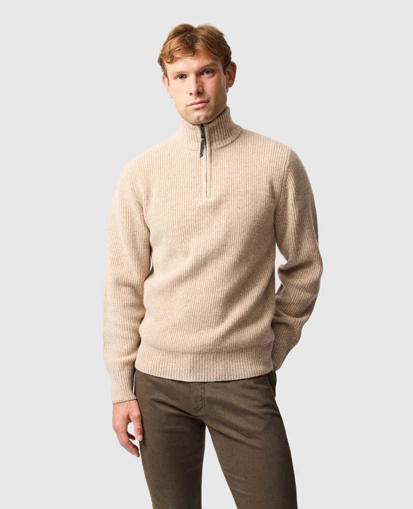Young Ideas & Henmores -Robbies Road Wool 1/4 Zip Jumper -Flax Beige -M