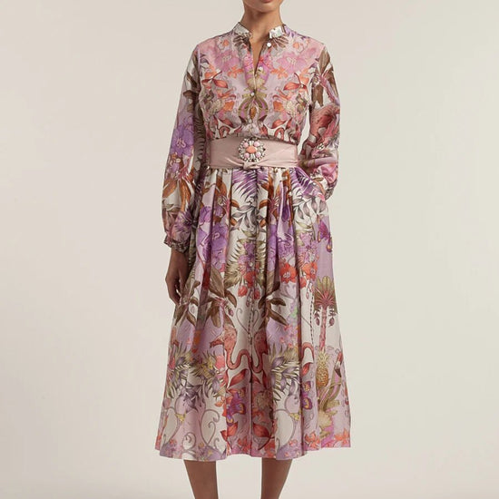 Young Ideas/Henmores - Flamingo Pattern Puff Sleeve Midi Dress - 516 Pink - 8