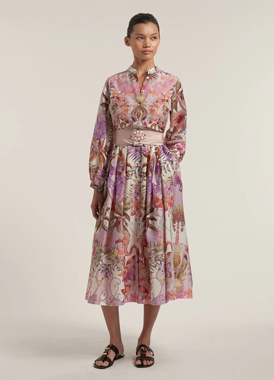 Young Ideas/Henmores - Flamingo Pattern Puff Sleeve Midi Dress - 516 Pink - 8